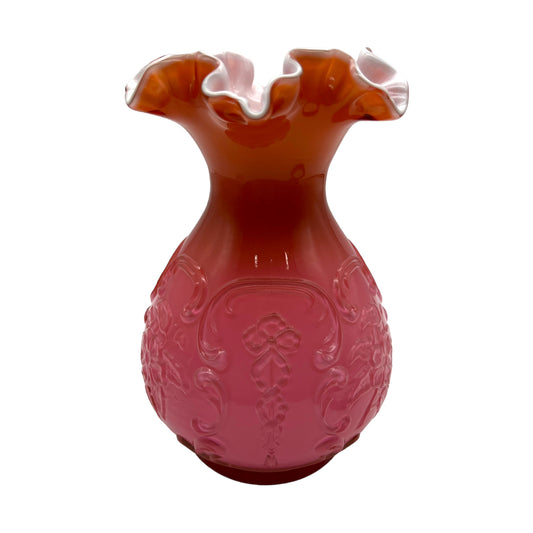 Fenton Art Glass - Wild Rose & Bowknot Coral Overlay Ruffled/Crimped Edge Vase - Vintage 1960's - 7.5"