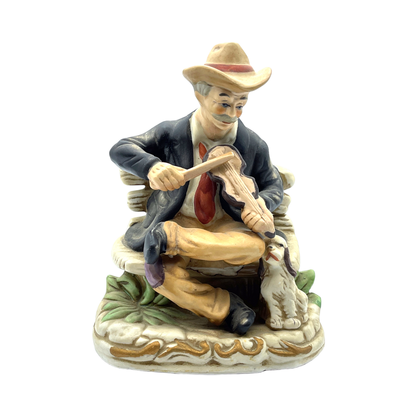 Homco Porcelain - Man Playing Fiddle With Dog Figurine - Vintage