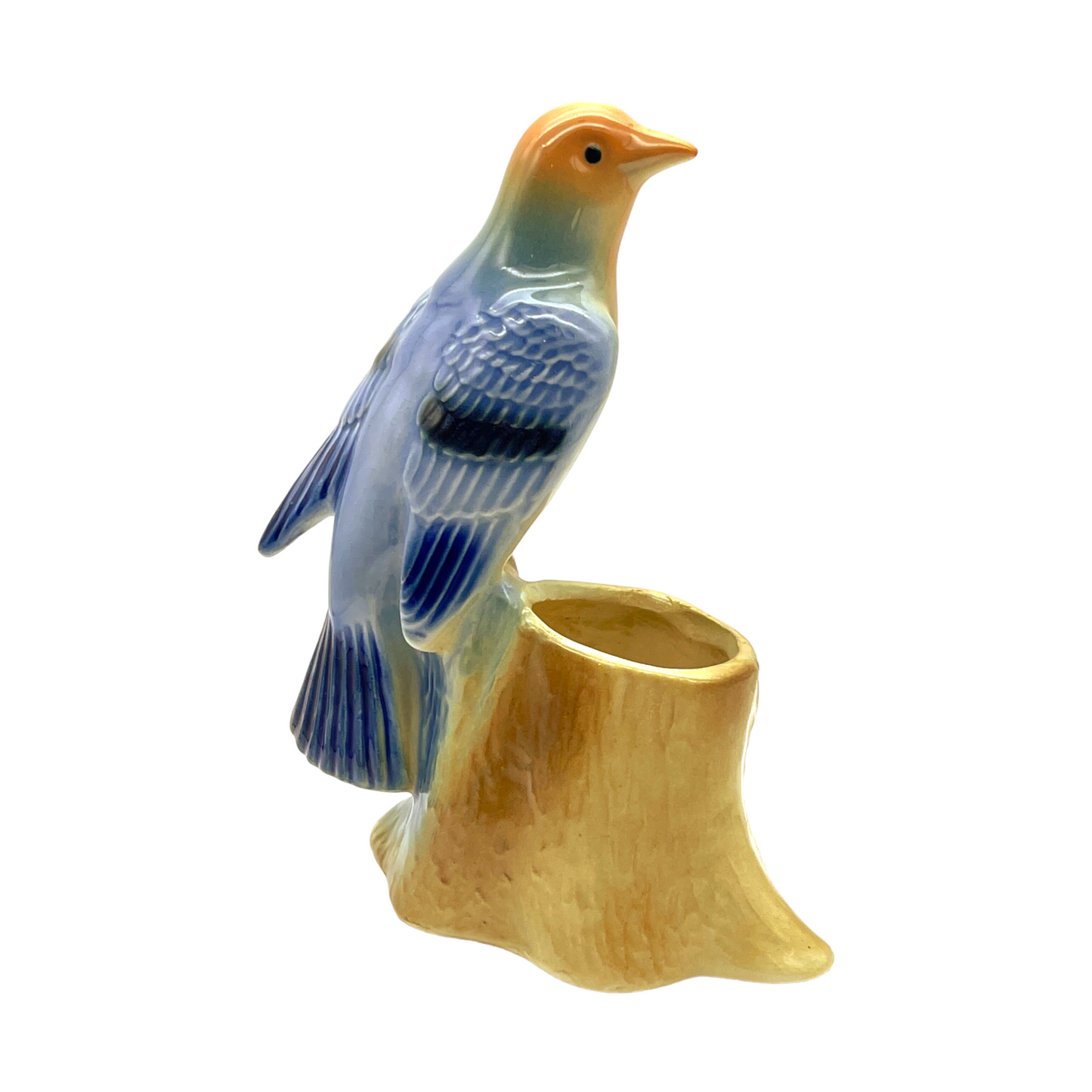 Royal Copley - Blue Tanager On Brown Tree Stump Planter - Vintage - 6.25"