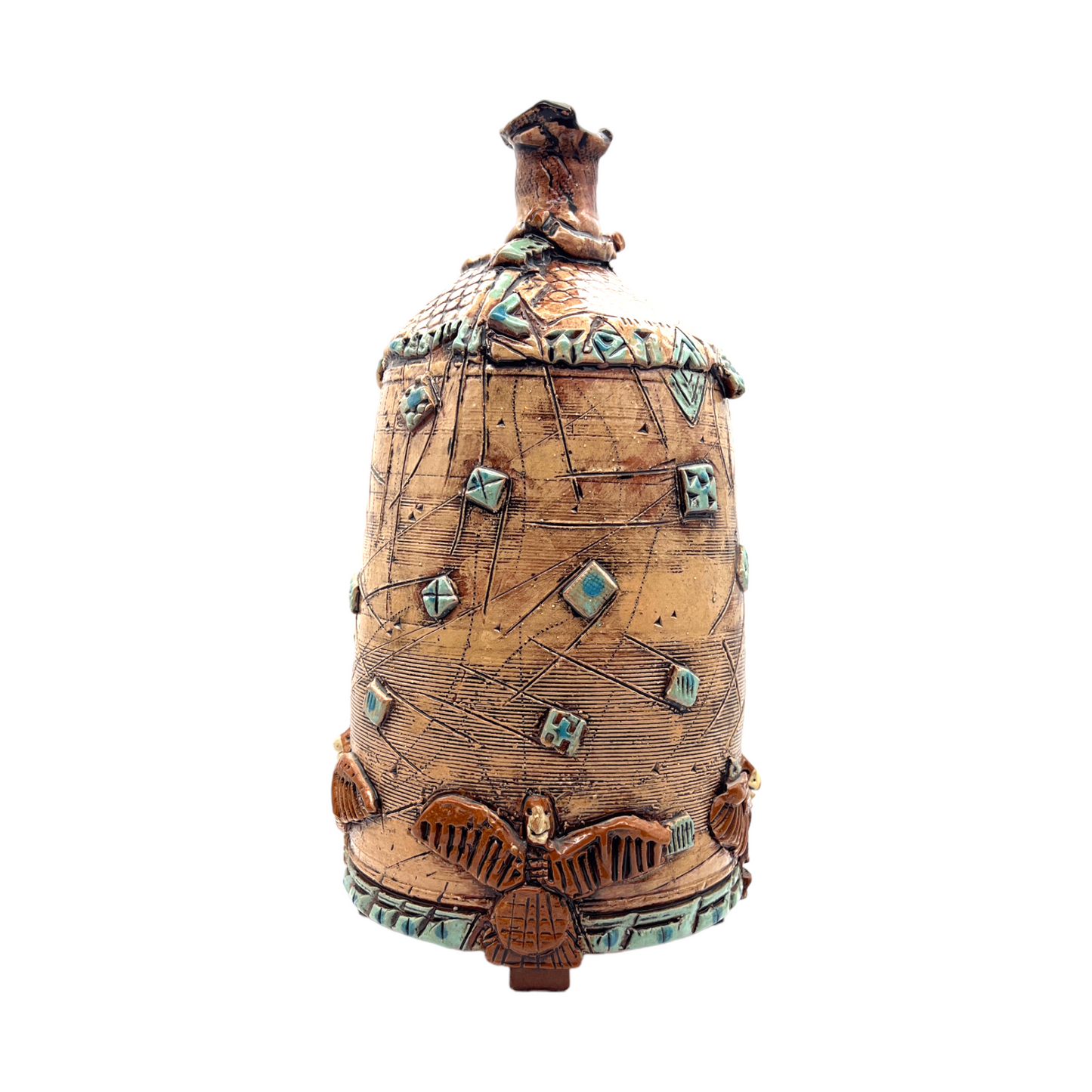 W. Right - Red Clay Pottery Vessel With Geometric Shapes & Sgraffito Applied - 13"