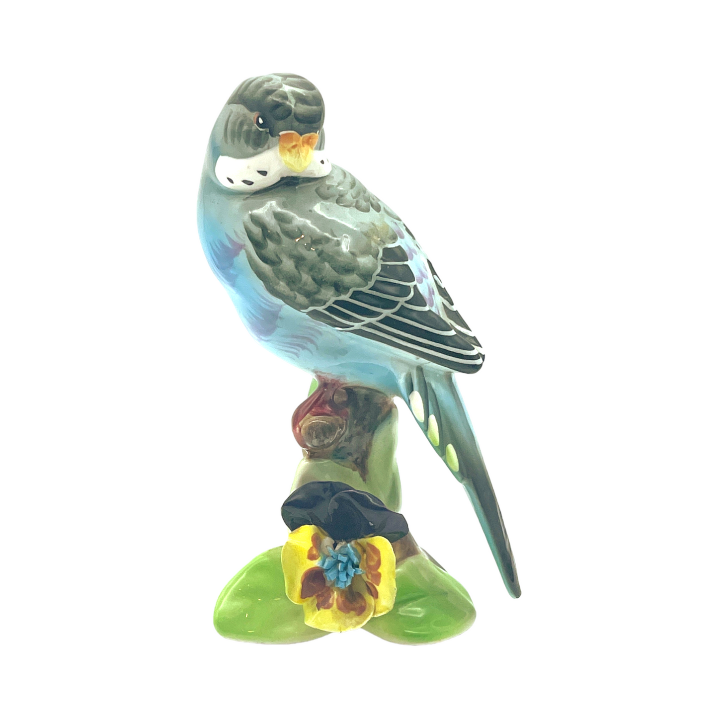 Lefton China - Parakeet On Tree Stump With Flowers - Glossy - 5.5"