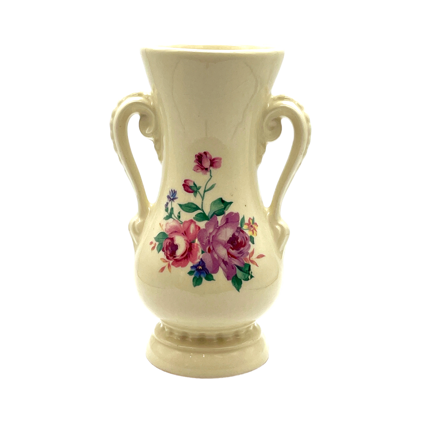 Royal Copley - Two Handle Decal Vase - Roses - Vintage - 6.25"