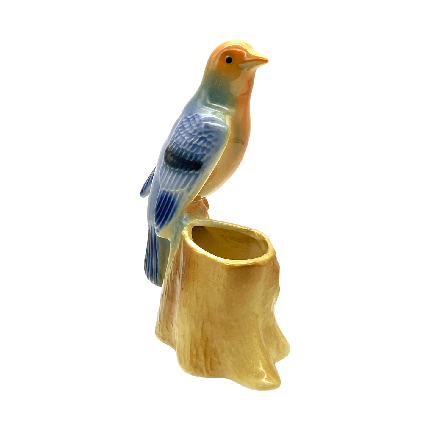 Royal Copley - Blue Tanager On Brown Tree Stump Planter - Vintage - 6.25"