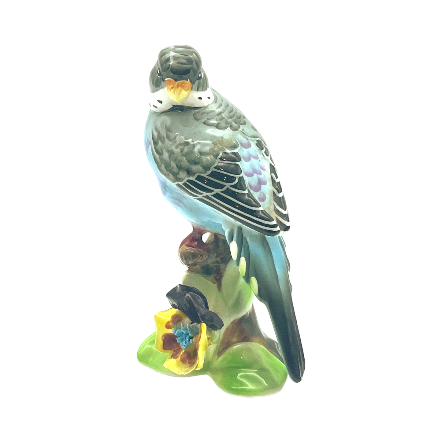 Lefton China - Parakeet On Tree Stump With Flowers - Glossy - 5.5"