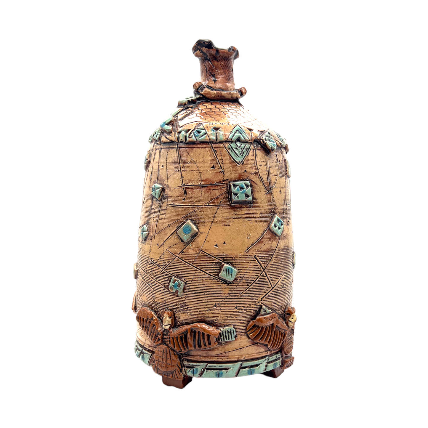 W. Right - Red Clay Pottery Vessel With Geometric Shapes & Sgraffito Applied - 13"