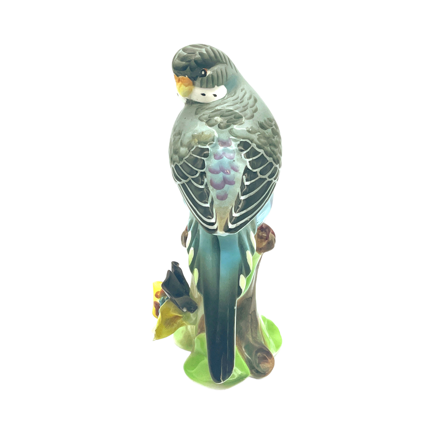 Lefton China - Parakeet On Tree Stump With Flowers - Glossy - 5.5"