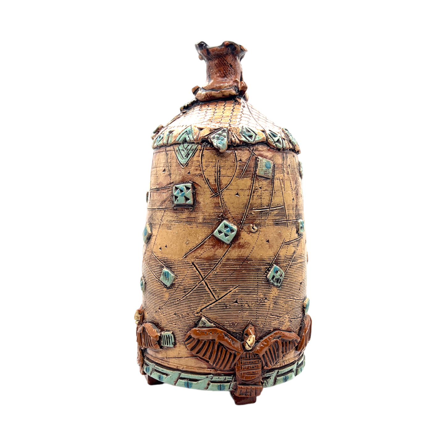 W. Right - Red Clay Pottery Vessel With Geometric Shapes & Sgraffito Applied - 13"