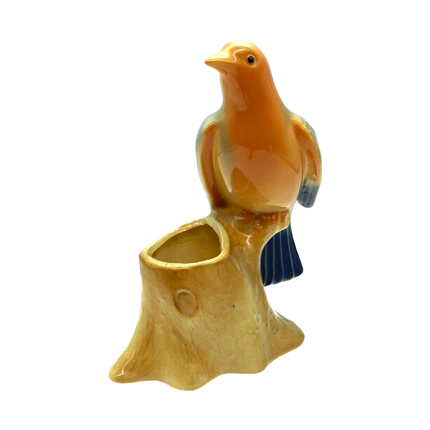 Royal Copley - Blue Tanager On Brown Tree Stump Planter - Vintage - 6.25"