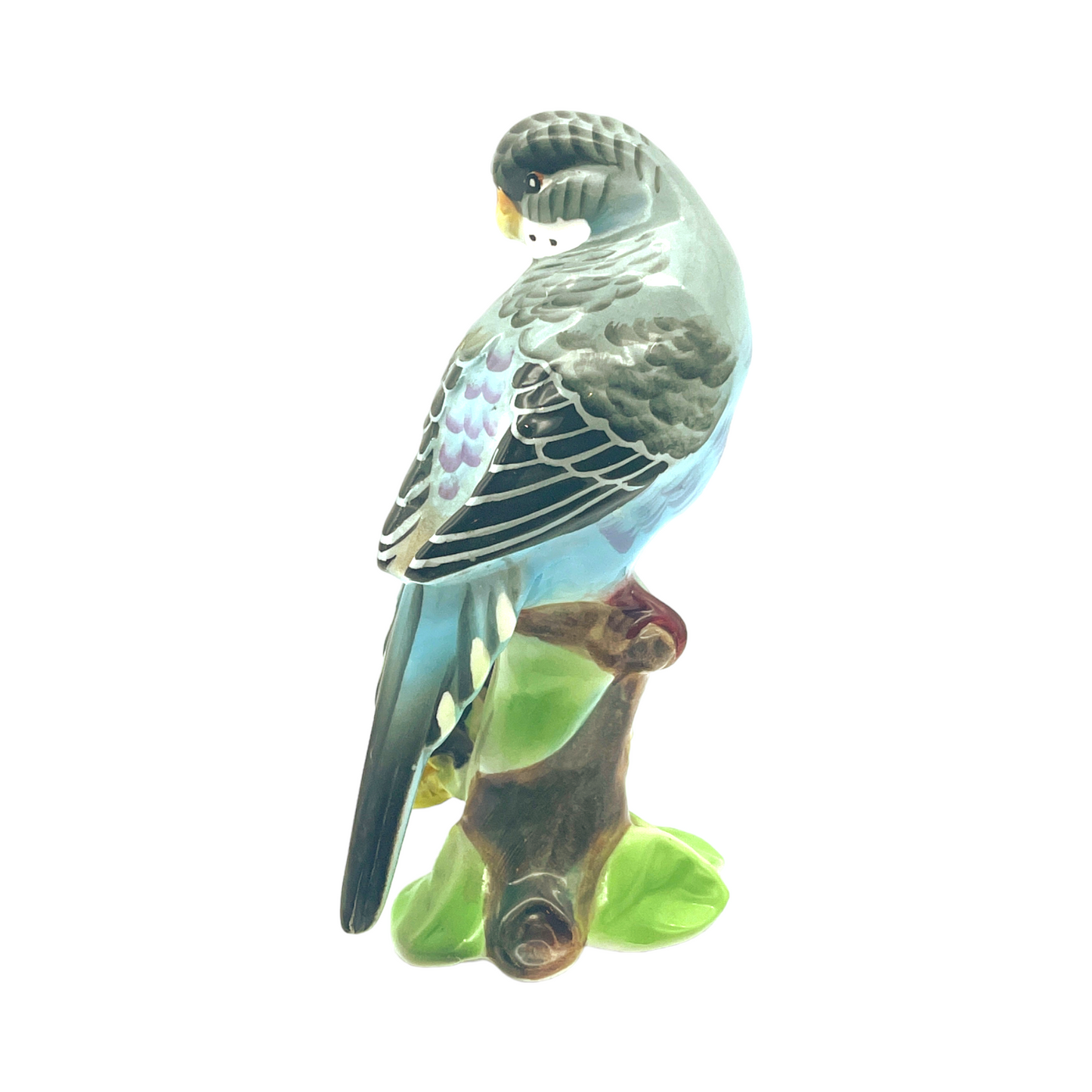 Lefton China - Parakeet On Tree Stump With Flowers - Glossy - 5.5"