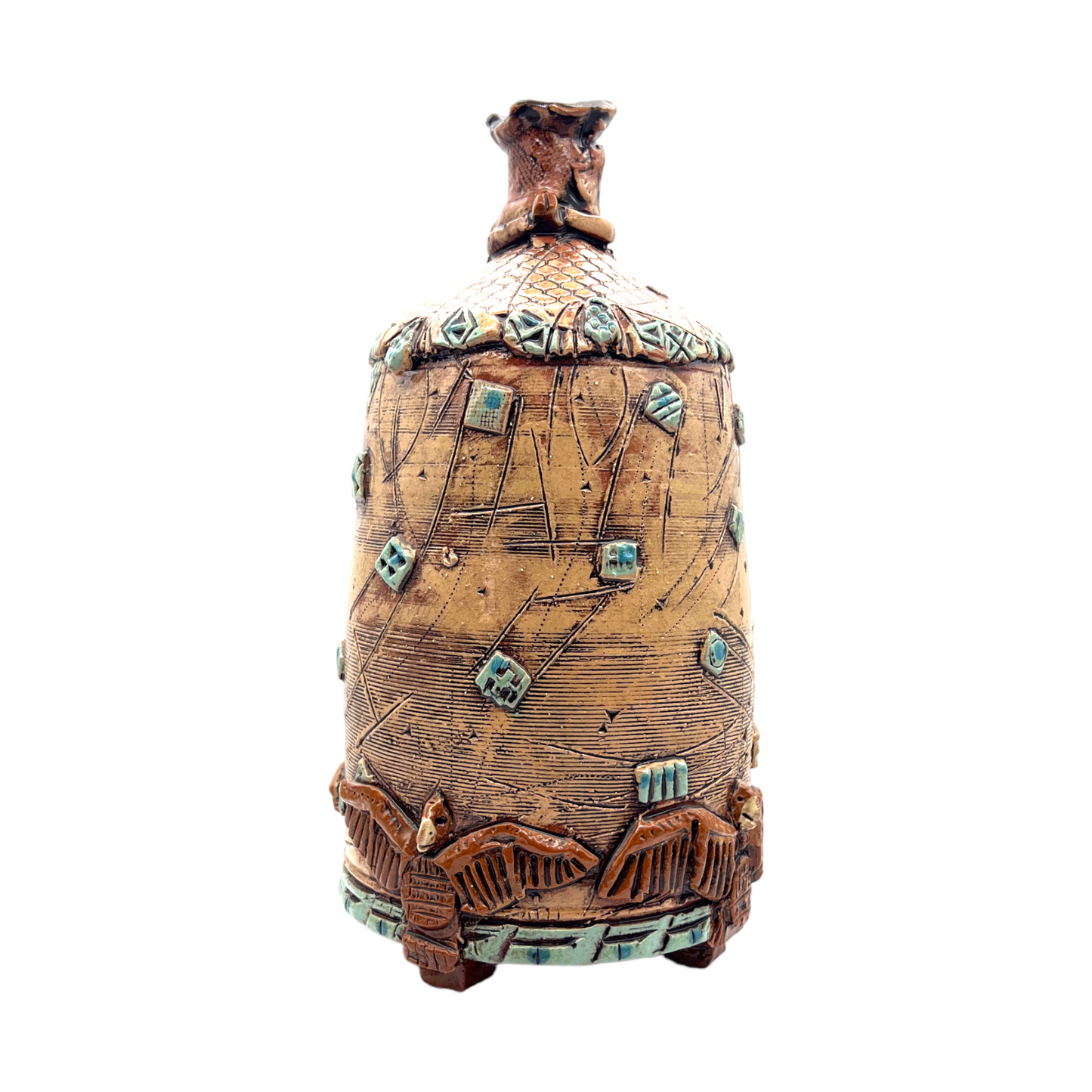 W. Right - Red Clay Pottery Vessel With Geometric Shapes & Sgraffito Applied - 13"