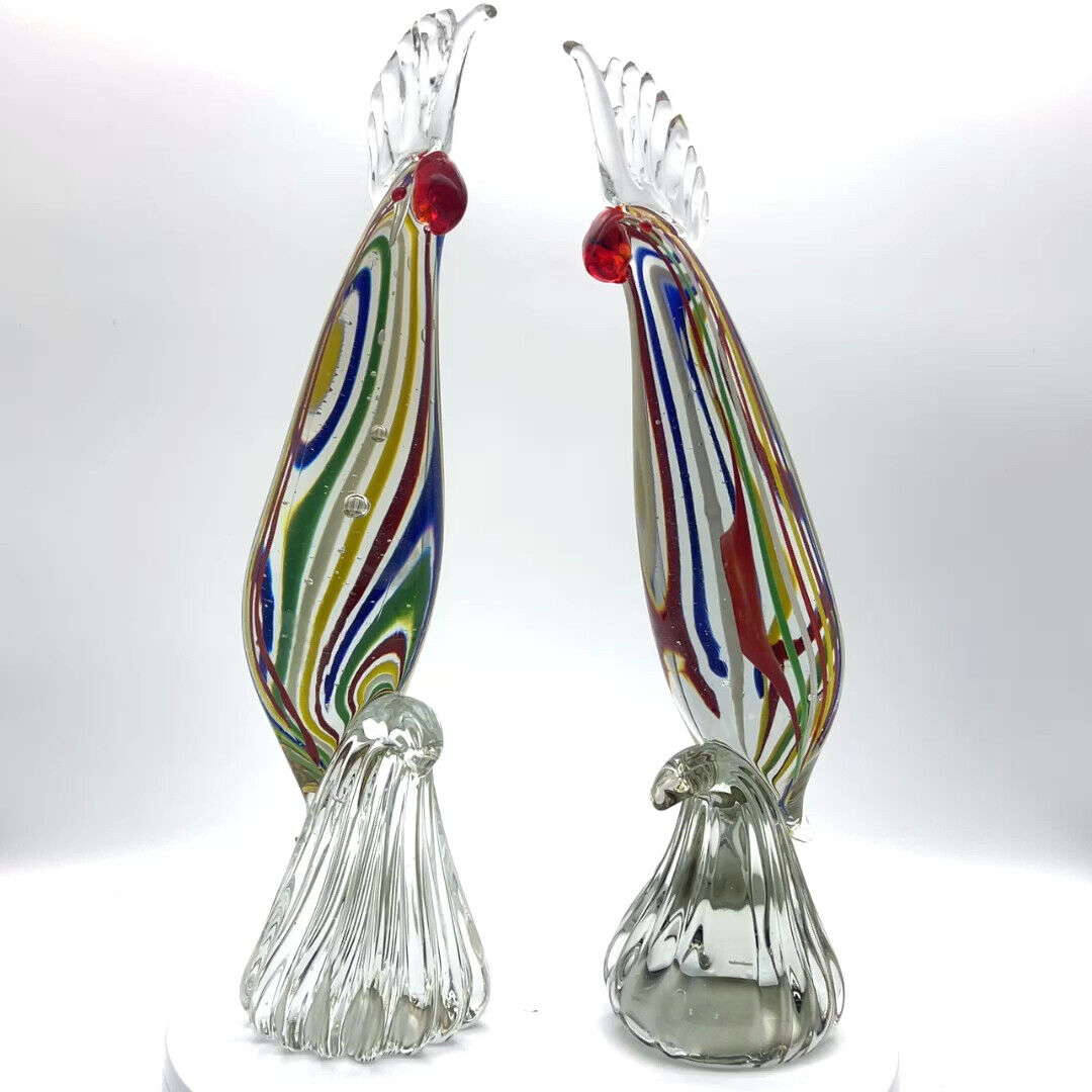 Murano Art Glass - Cockatiels - Latticinio Technique - Pair - 13"