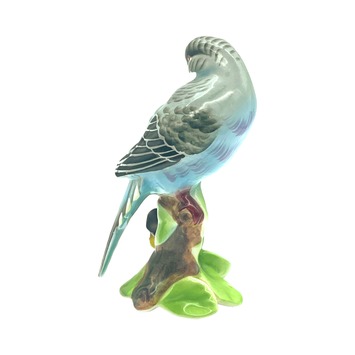 Lefton China - Parakeet On Tree Stump With Flowers - Glossy - 5.5"
