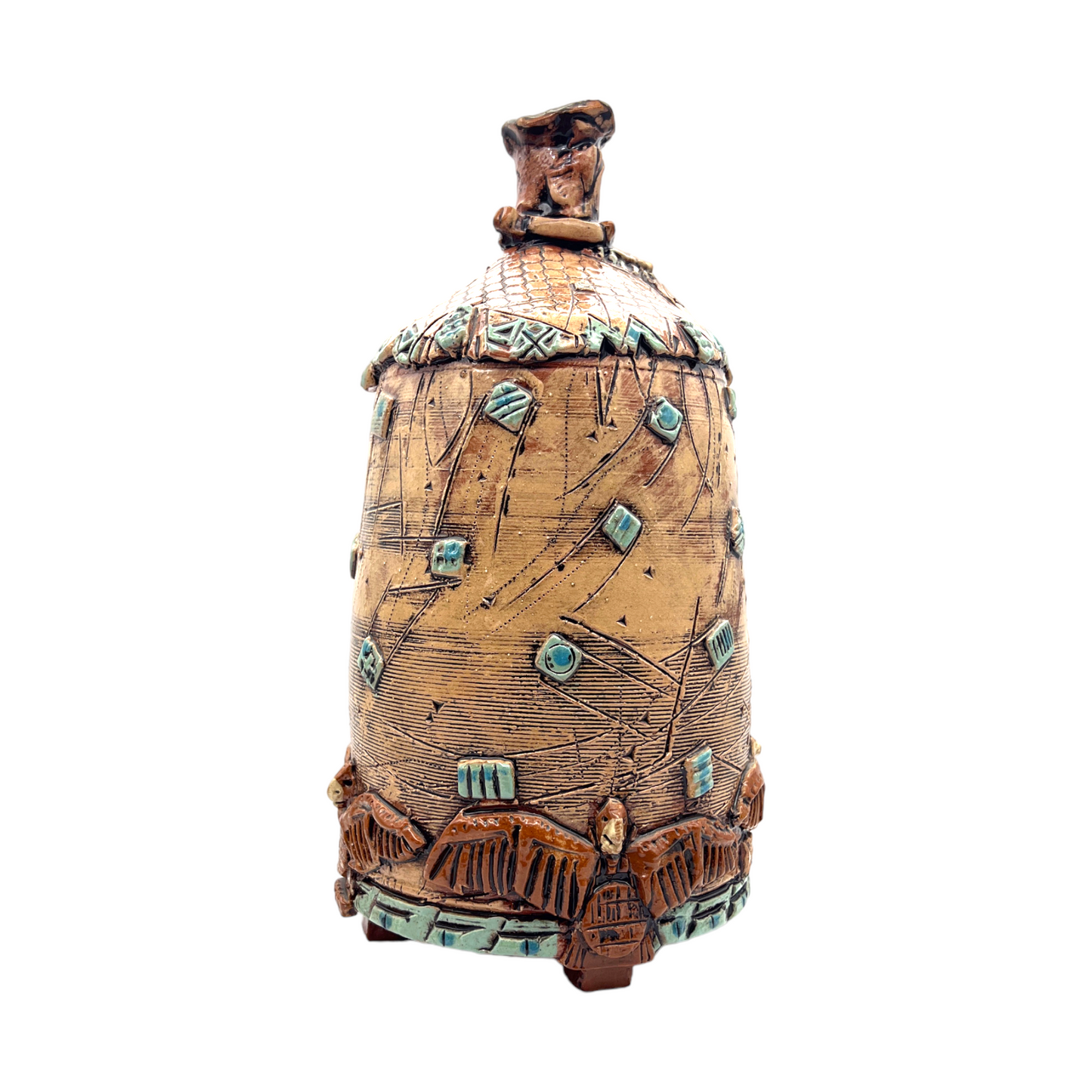 W. Right - Red Clay Pottery Vessel With Geometric Shapes & Sgraffito Applied - 13"