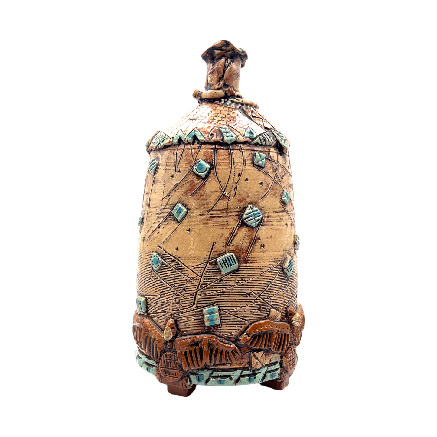 W. Right - Red Clay Pottery Vessel With Geometric Shapes & Sgraffito Applied - 13"