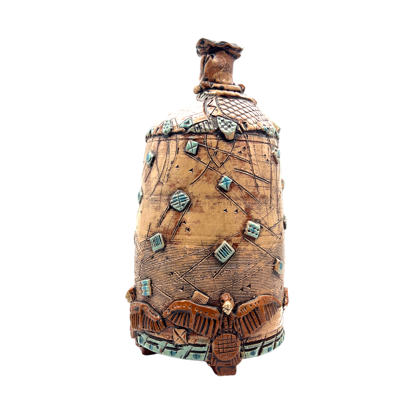 W. Right - Red Clay Pottery Vessel With Geometric Shapes & Sgraffito Applied - 13"