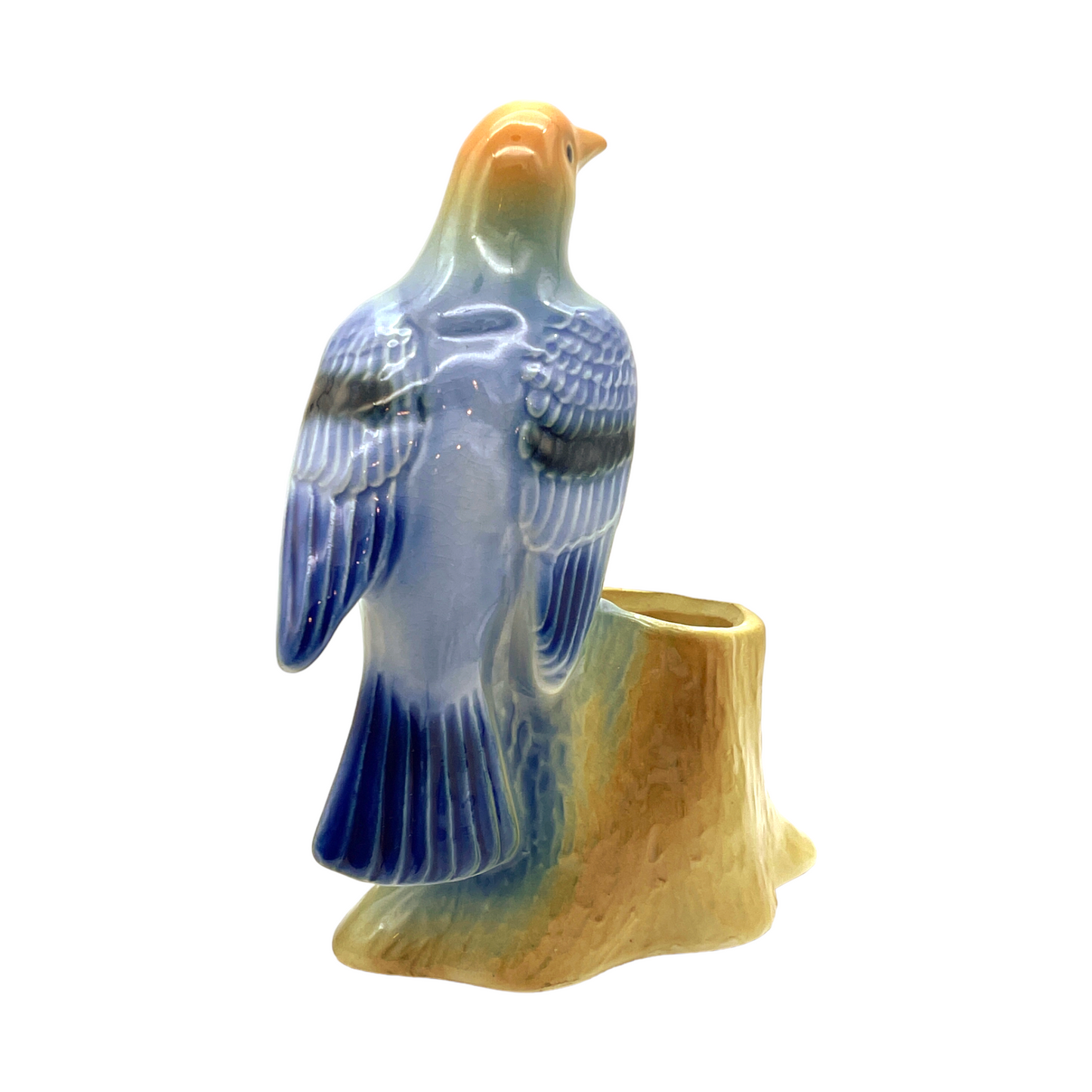 Royal Copley - Blue Tanager On Brown Tree Stump Planter - Vintage - 6.25"
