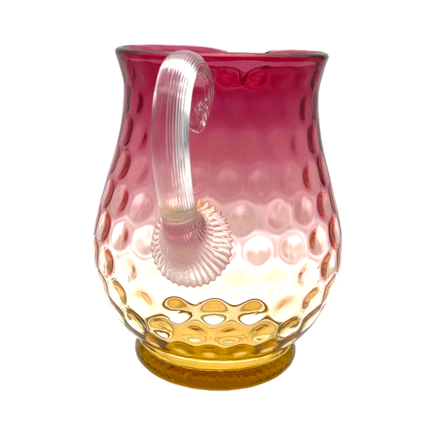 Amberina - Inverted Thumbprint Clear Reeded Handle Pitcher - Vintage - 7"