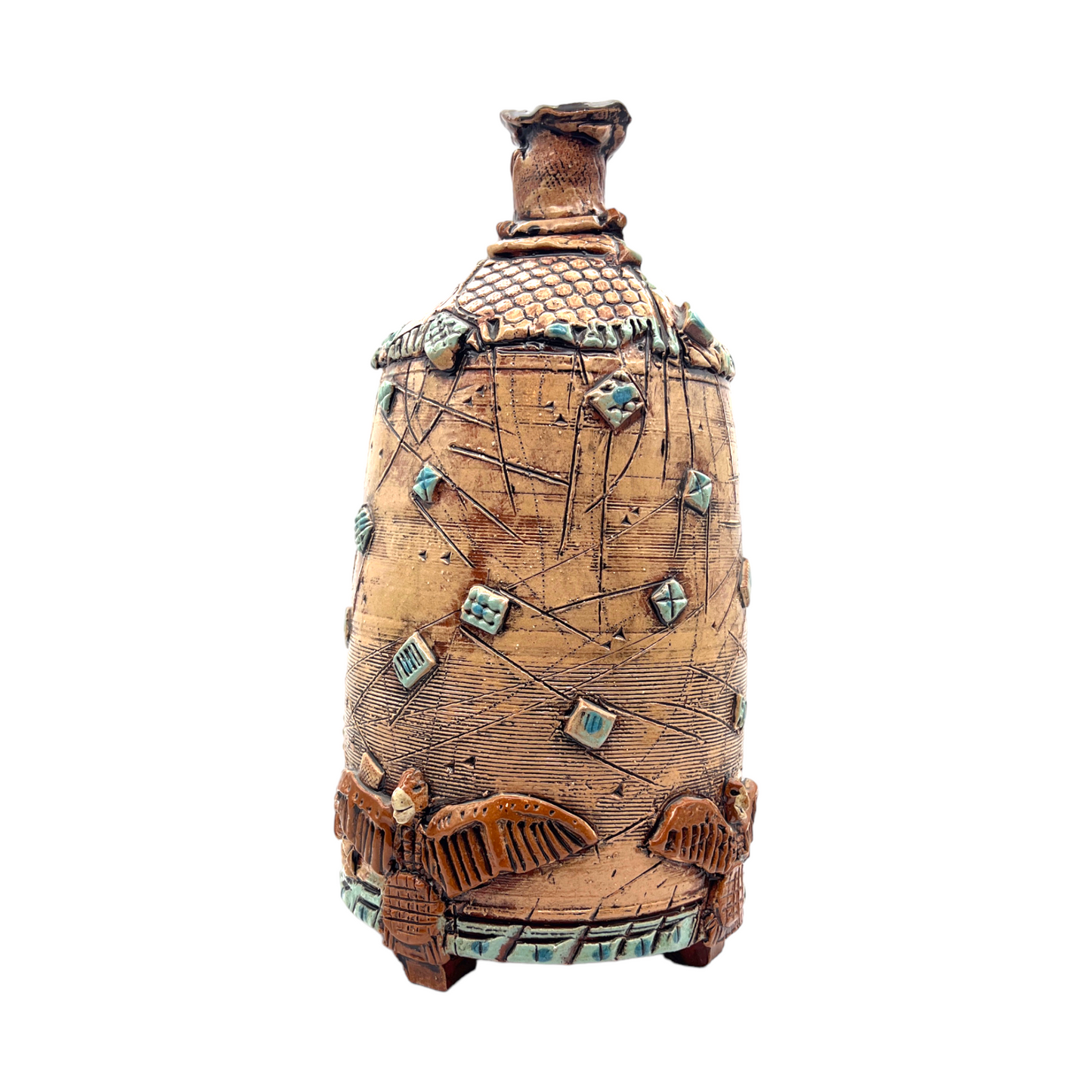 W. Right - Red Clay Pottery Vessel With Geometric Shapes & Sgraffito Applied - 13"