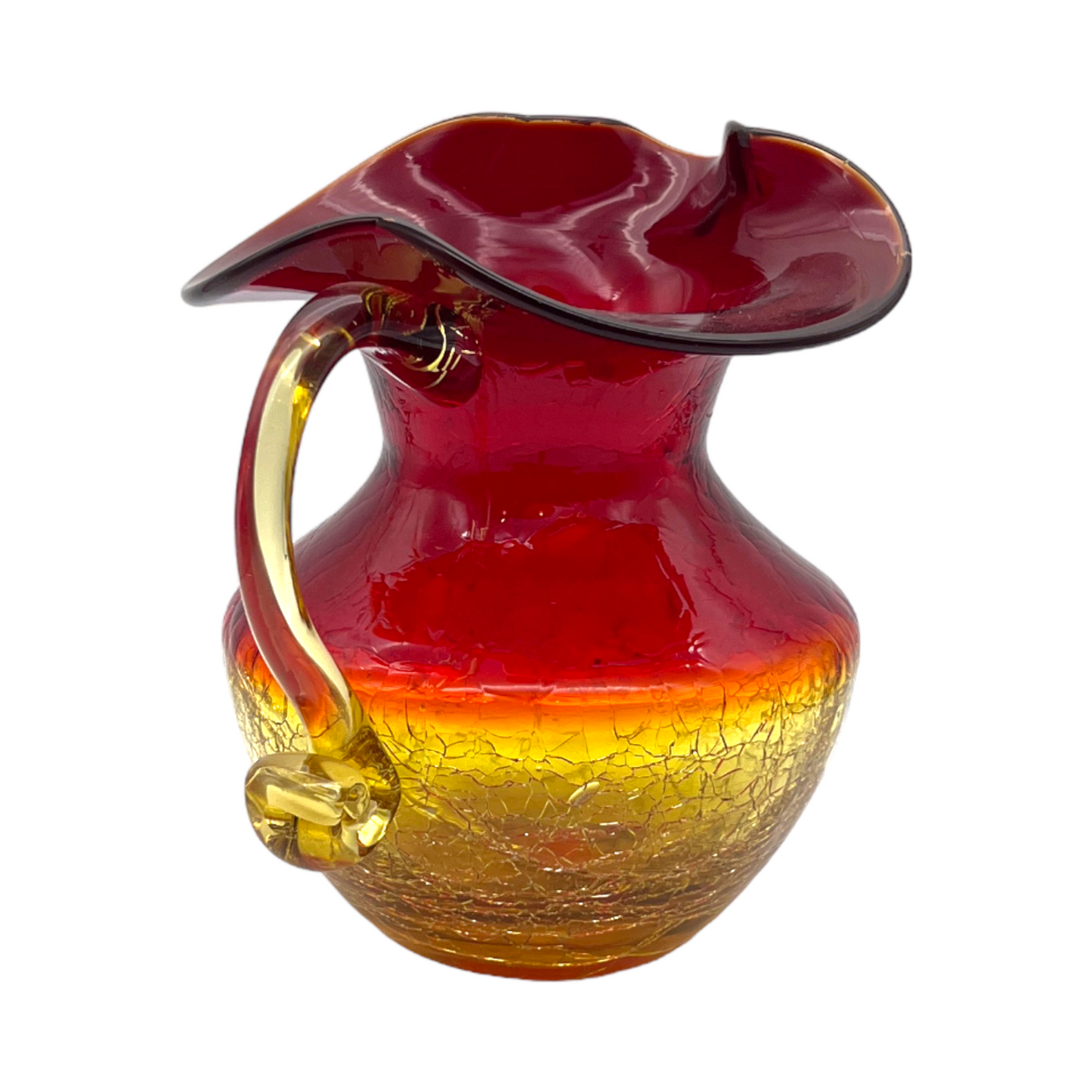 Blenko - Amberina - Crackle Glass Ruffled Edge Pitcher - Vintage - 6.5"