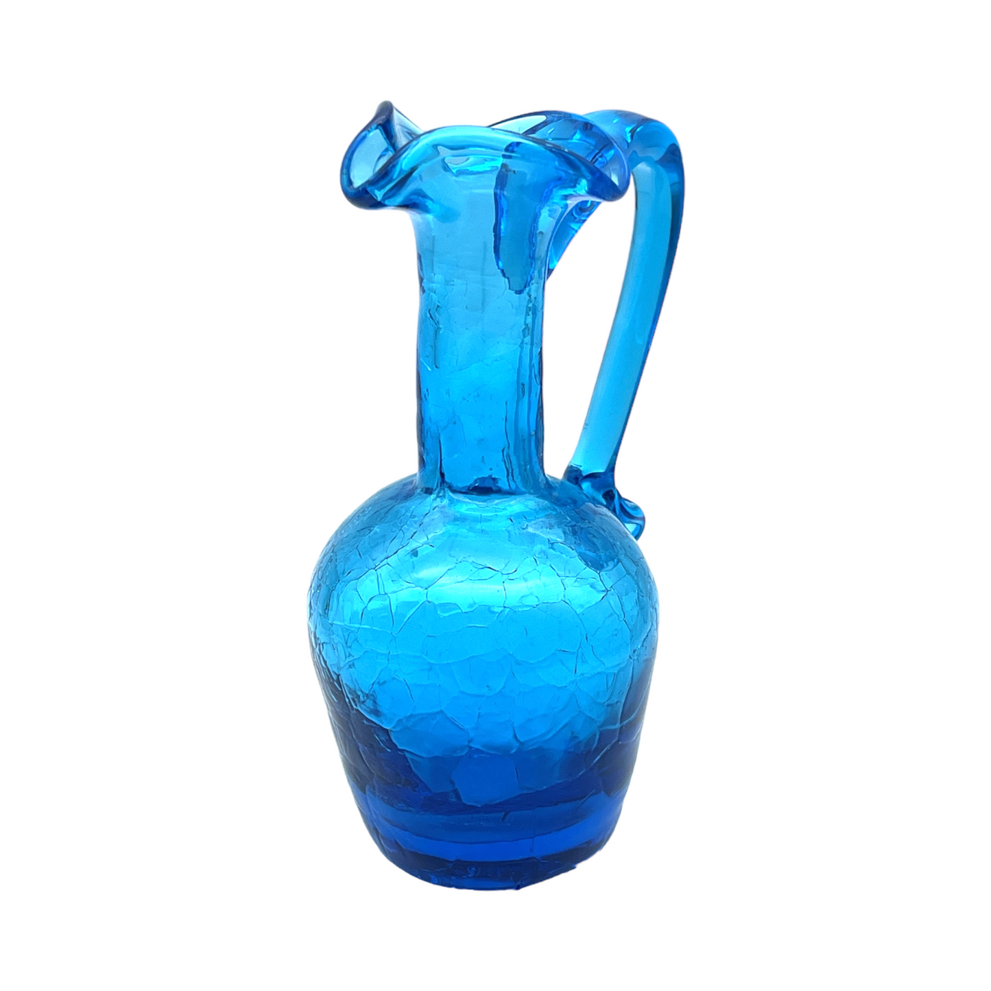Vintage Blue Crackle Glass Art Pitcher and Bud Vase Set
