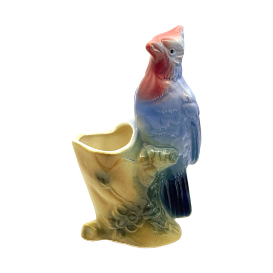 Royal Copley - Pink/Blue Woodpecker On Tree Trunk Planter - Vintage - 6.5"