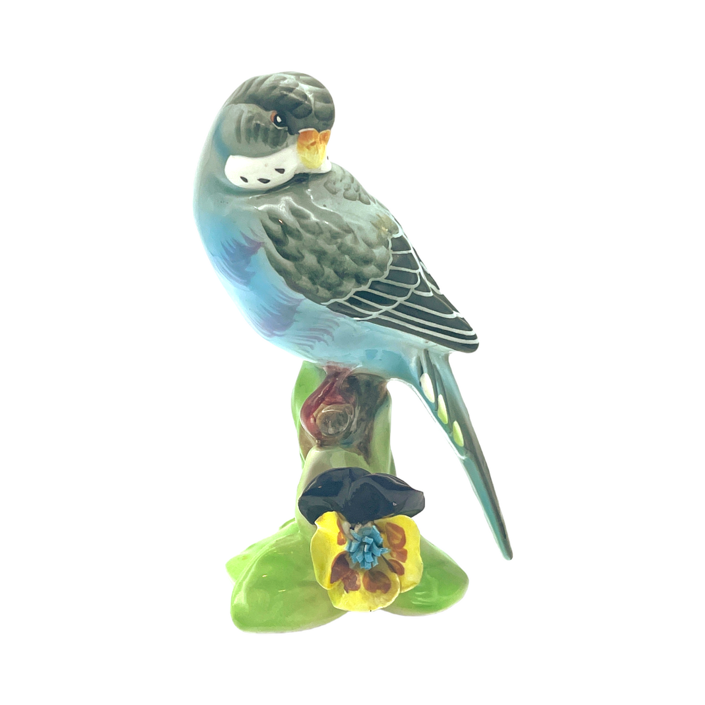 Lefton China - Parakeet On Tree Stump With Flowers - Glossy - 5.5"
