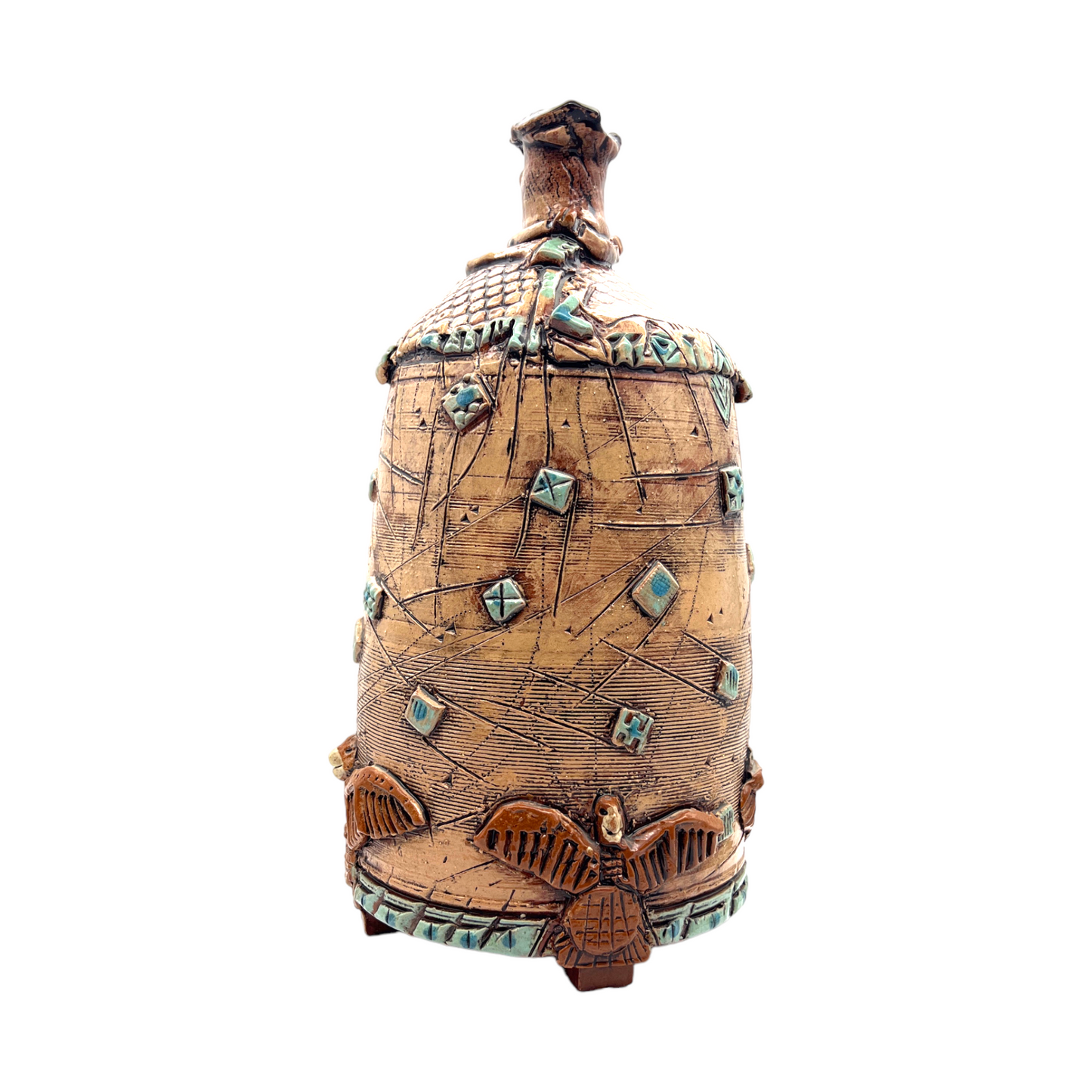 W. Right - Red Clay Pottery Vessel With Geometric Shapes & Sgraffito Applied - 13"