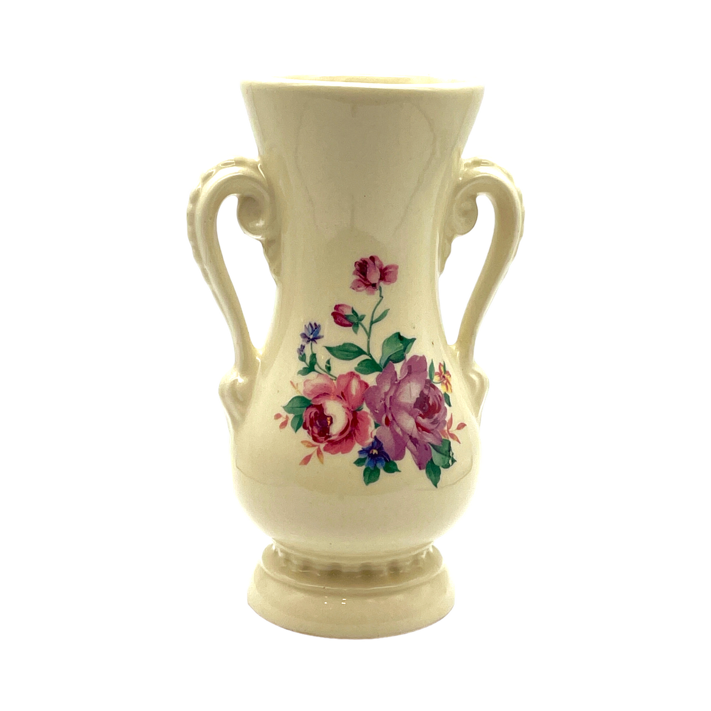 Royal Copley - Two Handle Decal Vase - Roses - Vintage - 6.25"