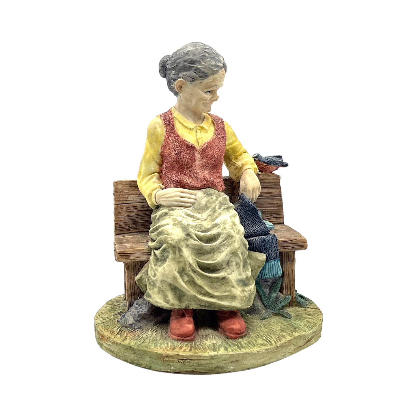 Vintage Figurine - Grandma On Bench With A Bird
