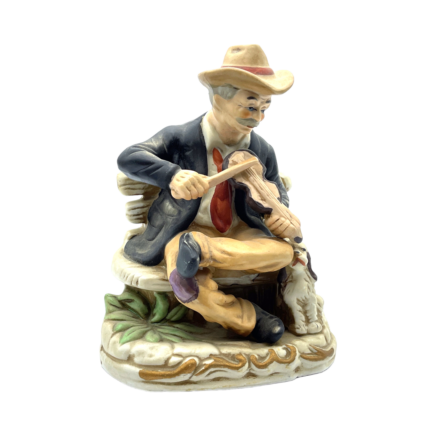 Homco Porcelain - Man Playing Fiddle With Dog Figurine - Vintage