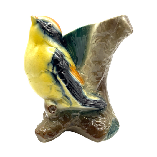 Royal Copley - Gold Finch On Brown Tree Stump Planter - Vintage - Large - 6.5"
