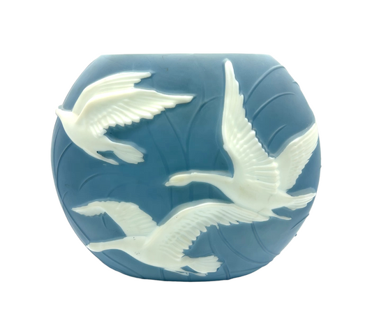 Phoenix Consolidated Art Glass - Pillow Vase - Blue With White Geese - 10"