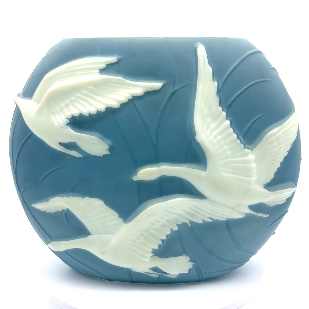 Phoenix Consolidated Art Glass - Pillow Vase - Blue With White Geese - 10"