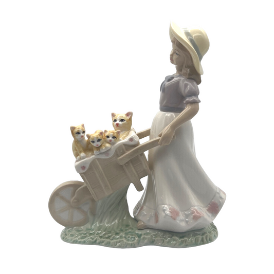 Porcelain - Girl W/Wheel Barrel & Cats - 9"