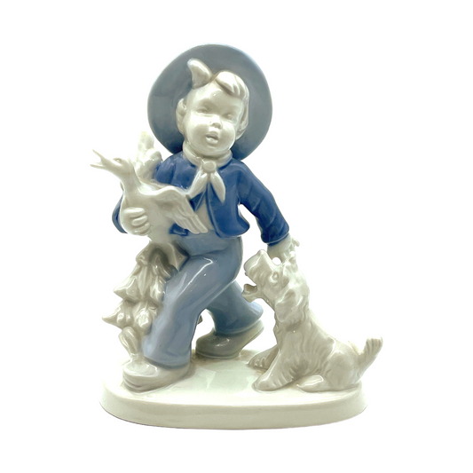 Dresden Porcelain - Boy Walking With Dog & Duck Figurine - 6.5"