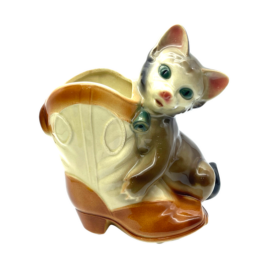 Royal Copley - Playful Kitten & Boot Planter - Vintage - 7.5"