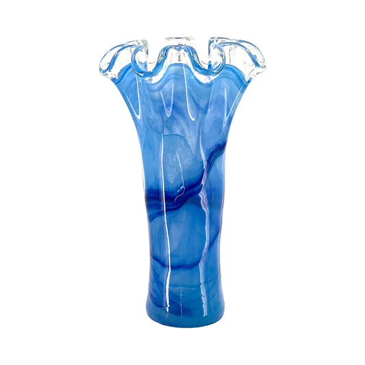 Italian Murano Art Glass - Blue Ruffle Edge Vase - 10.5"