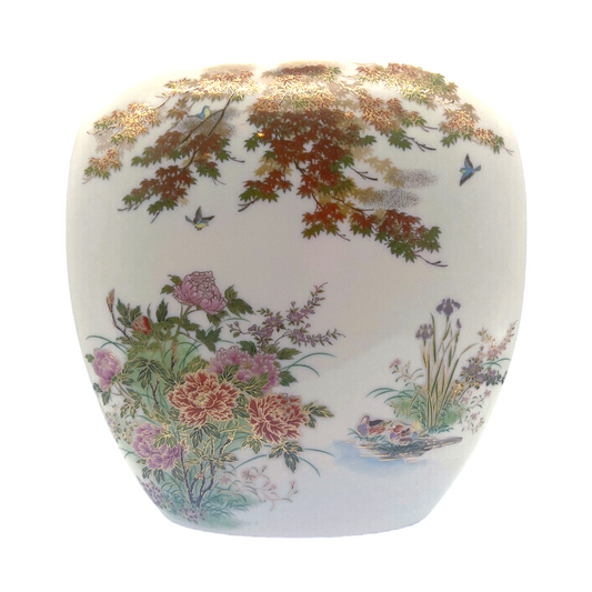 Japanese Pillow Vase - Porcelain - Hand Painted With Gold Leaf 9"