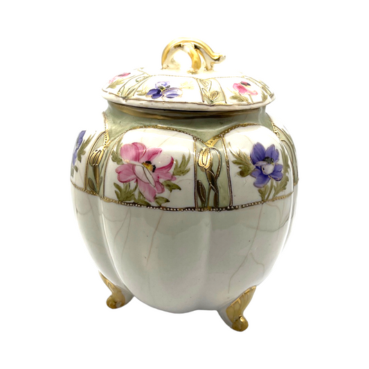 Nippin China - Three Footed Biscut Jar - Nouveau Gold Gilt & Floral Motif - Vintage 1900's - 8"
