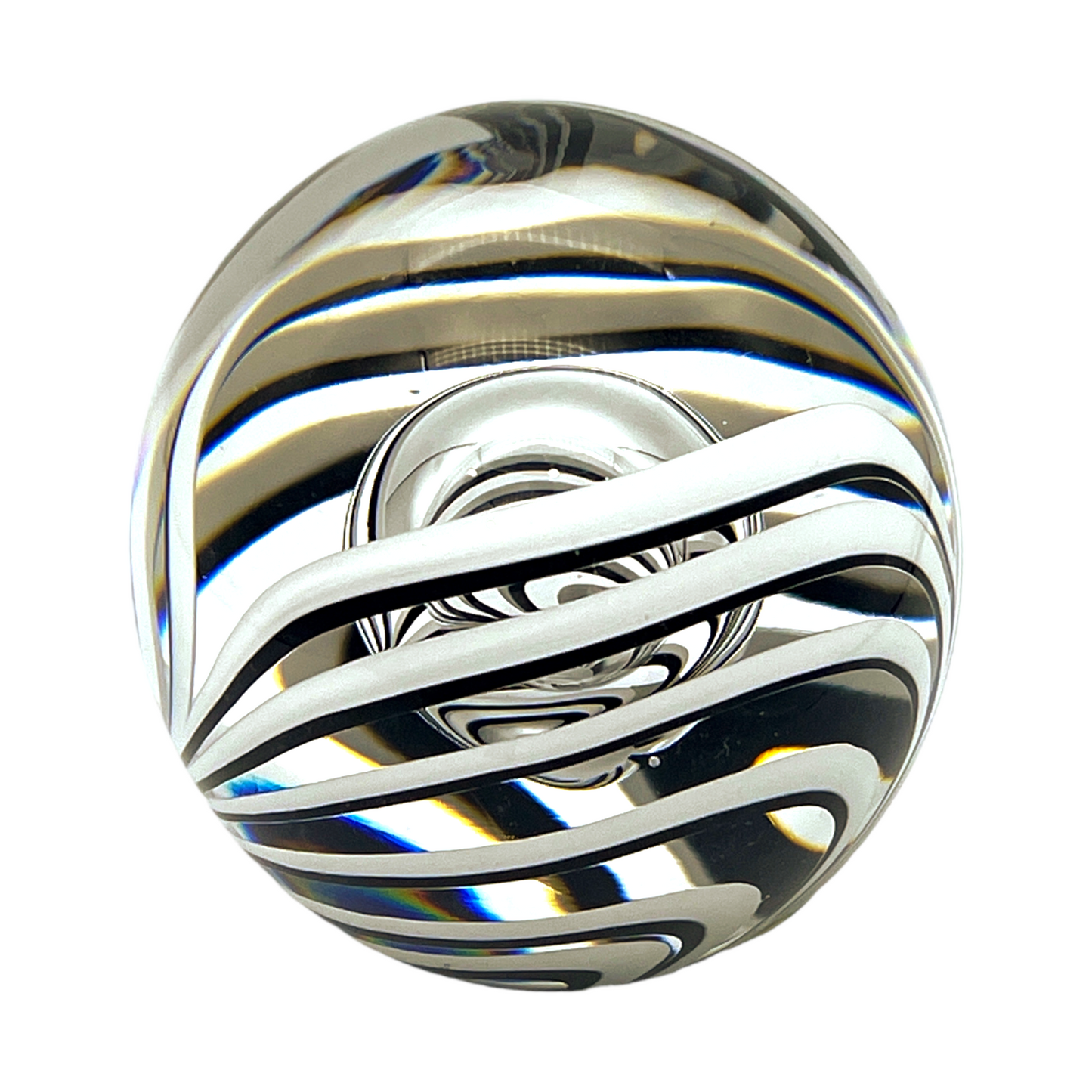 Studio Ahus Paperweight - Black & White Swirl With Bubble - Signed - Vintage 1983 - 3.5"