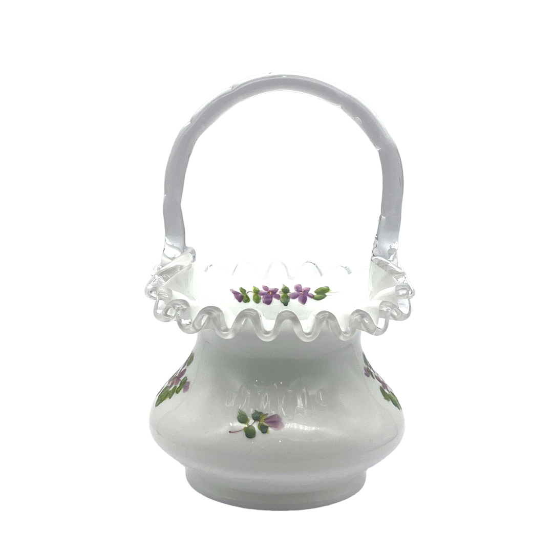 Fenton Art Glass - Violets In The Snow Silver Crest Basket - 7.5"