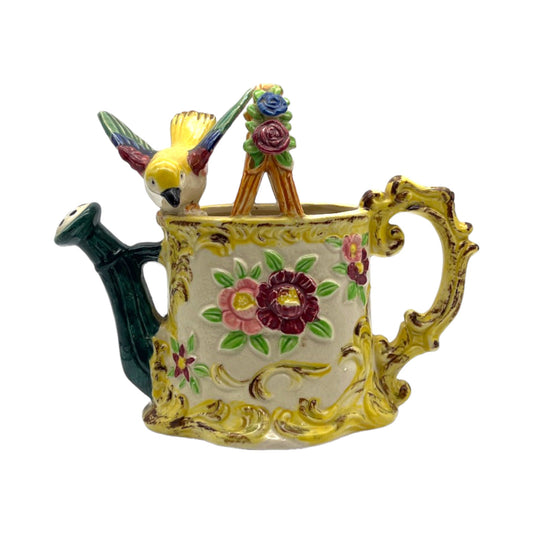 Teapot Basket With Bird - Hand Painted - Vintage - 7"