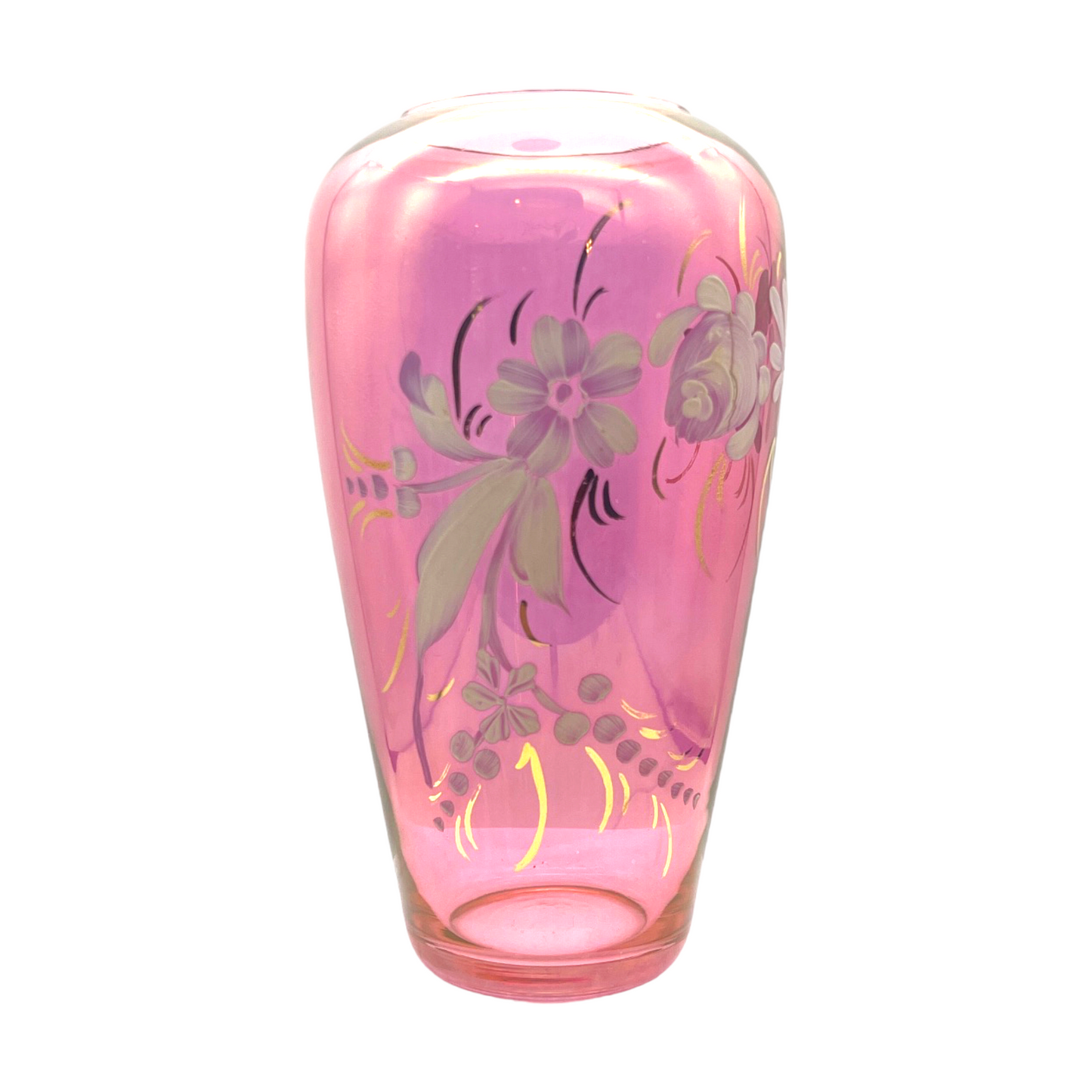 Elegant Vintage Cranberry Vase: Hand-Painted Beauty with Gold Accents