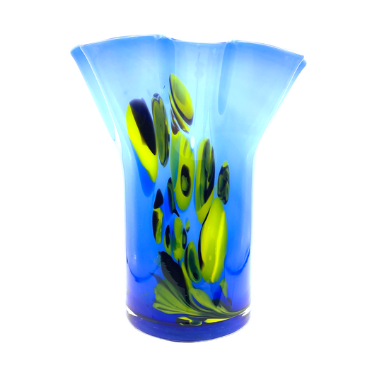 Vintage Murano Ruffled Edge Vase - Blue & Yellow Elegance