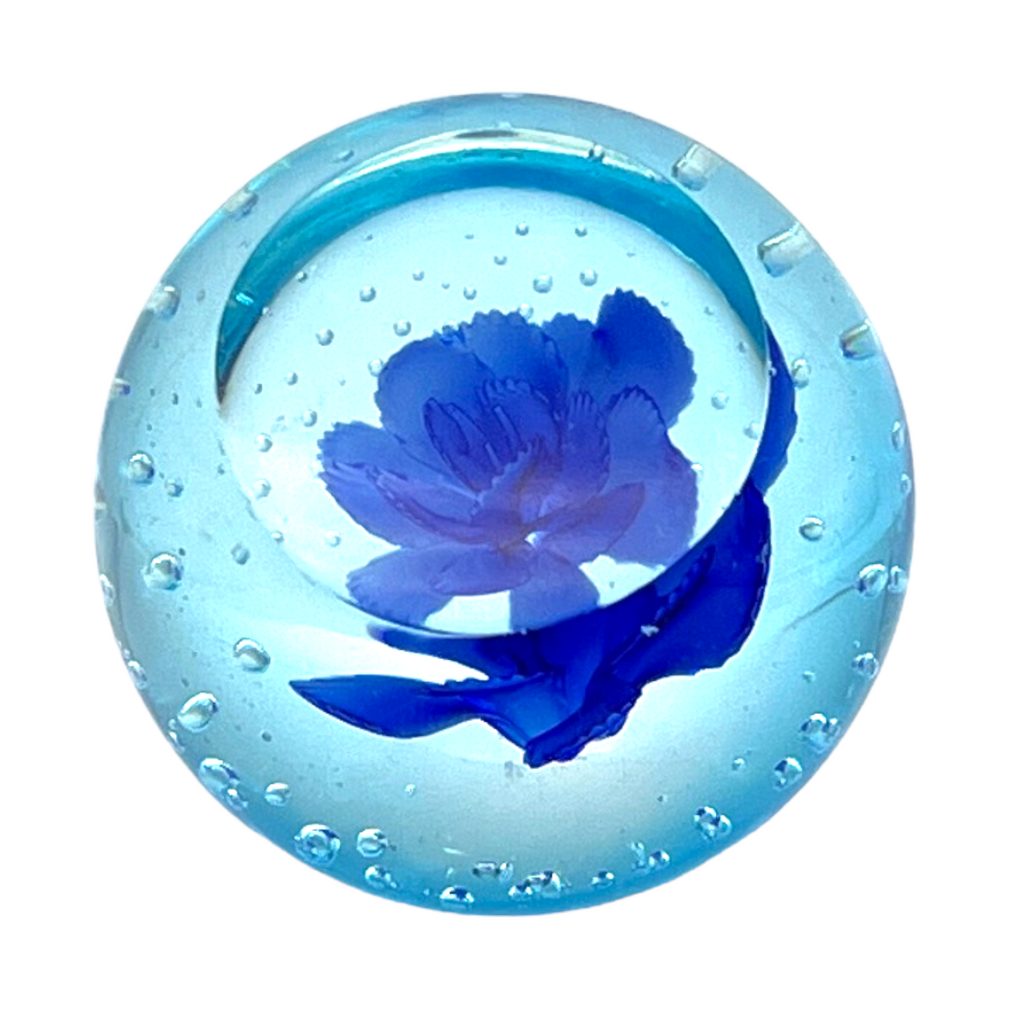 Murano Art Glass - Controlled Bubble Blue Flower Paperweight - 2.75"