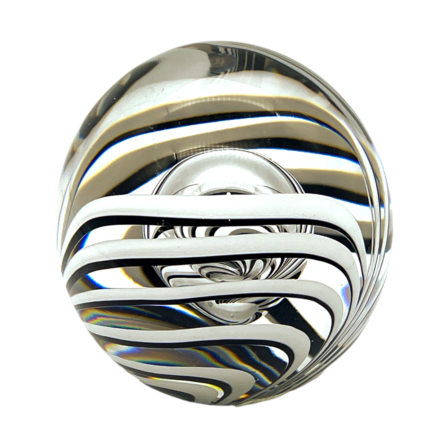 Studio Ahus Paperweight - Black & White Swirl With Bubble - Signed - Vintage 1983 - 3.5"