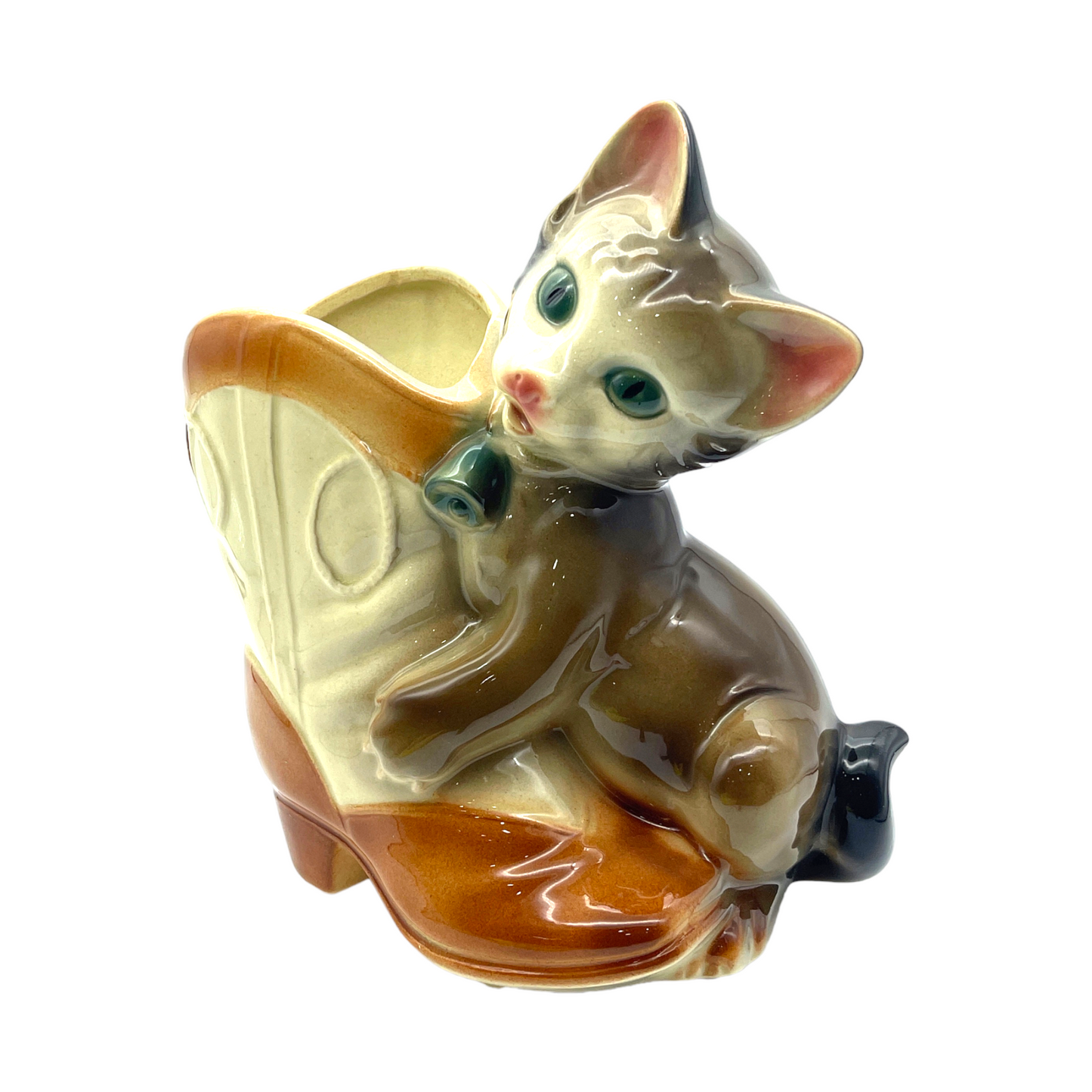 Royal Copley - Playful Kitten & Boot Planter - Vintage - 7.5"