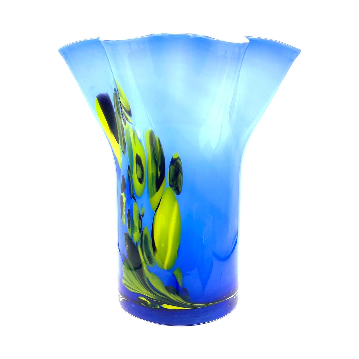 Vintage Murano Ruffled Edge Vase - Blue & Yellow Elegance