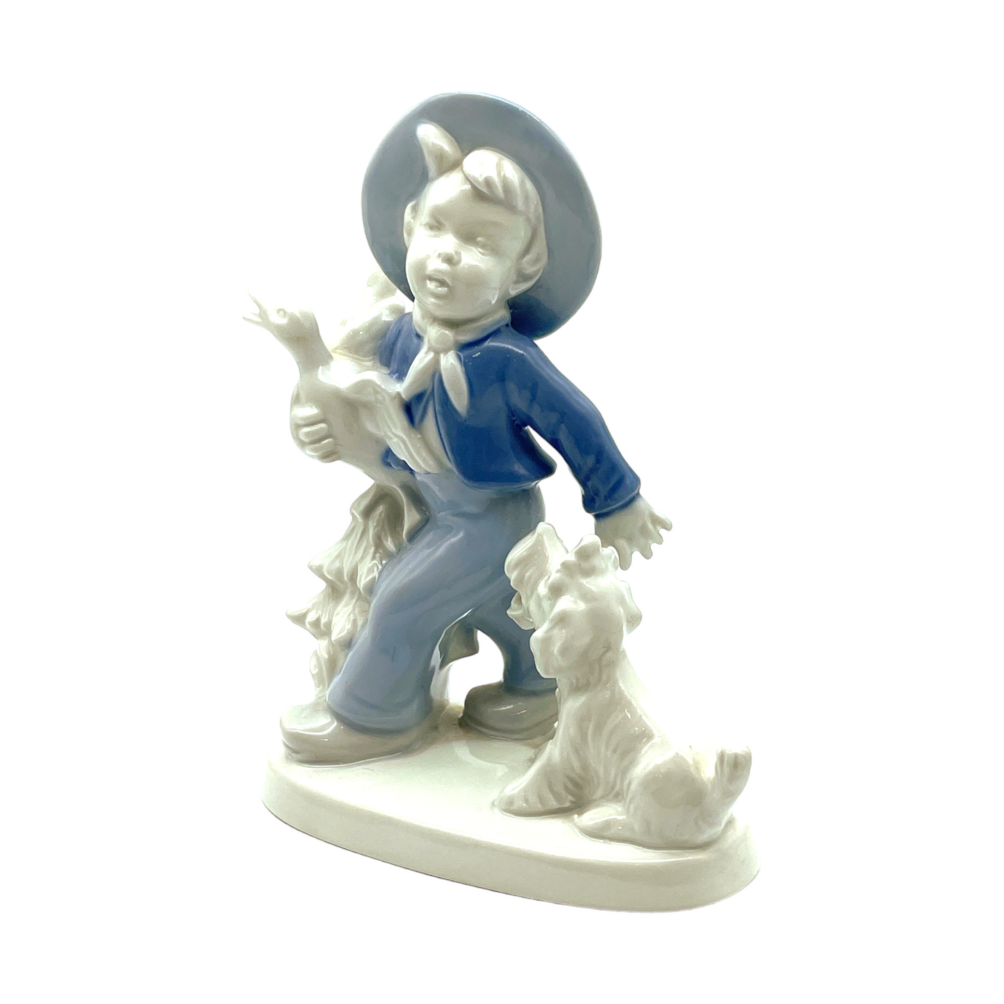 Dresden Porcelain - Boy Walking With Dog & Duck Figurine - 6.5"