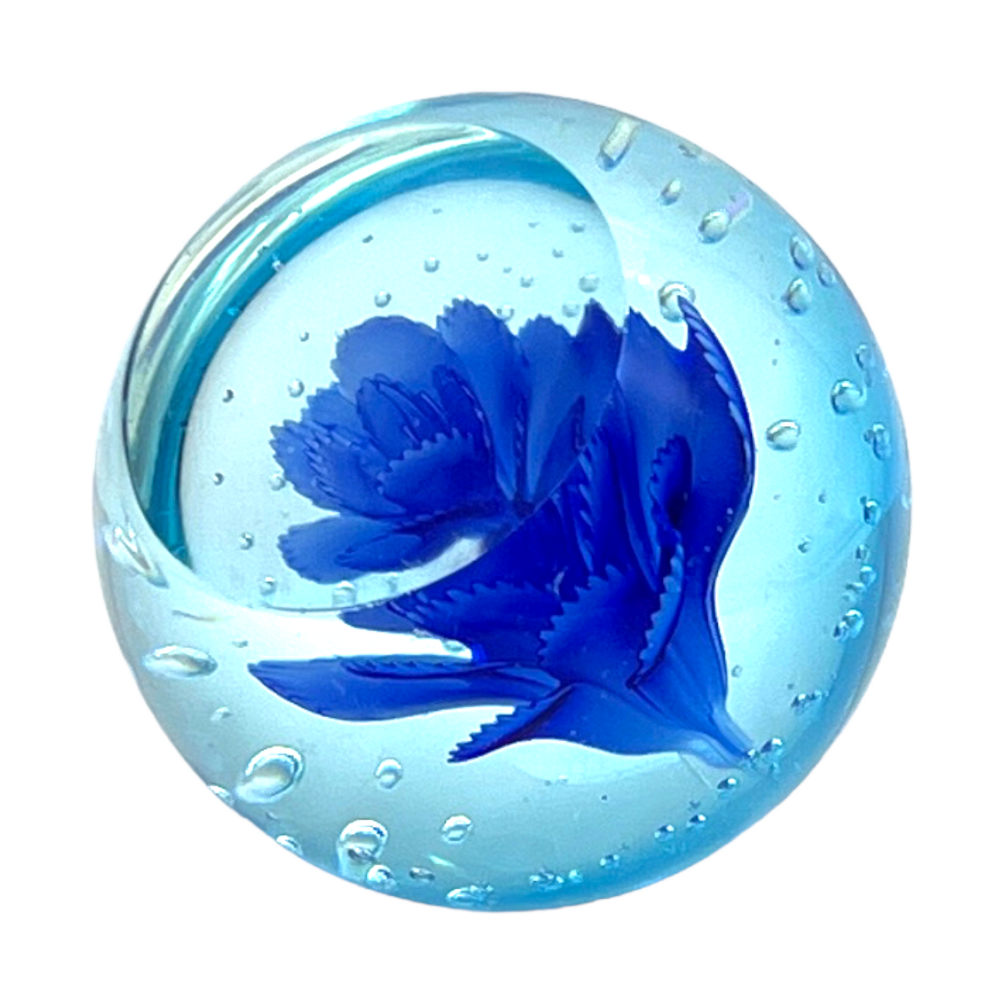 Murano Art Glass - Controlled Bubble Blue Flower Paperweight - 2.75"